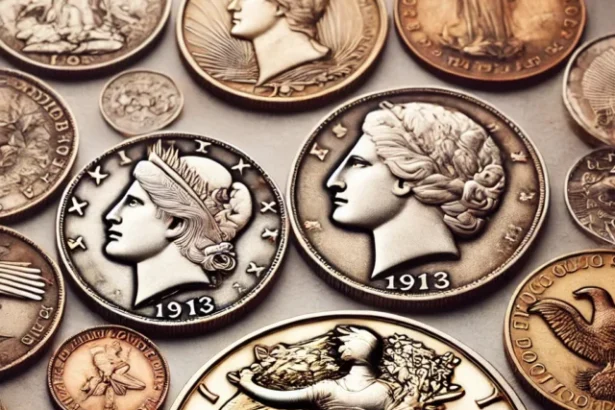 A feature image showcasing a collection of rare, valuable coins from the 20th century. Include iconic coins like the 1913 Liberty Head V Nickel, 1933